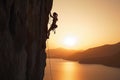 Girl Rock Climbing at Noon on a Cliff