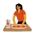 Girl Rolling Dough on Table with Rolling Pin, Young Woman Cooking Food in the Kitchen Vector Illustration