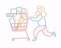 Girl rolls shopping cart with purchases. Sale at store. Thin line flat design, vector illustration in bright colors