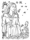 Girl with a rose linear black and white vector drawing. For coloring books. Graceful illustration. Royalty Free Stock Photo