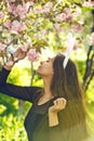 Girl with rosy bunny ears smelling sakura flowers from tree Royalty Free Stock Photo