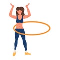 Girl rotates the hoop with raised arms up, sports training at home, fitness class