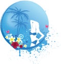 Girl on round blue tropical banner Royalty Free Stock Photo