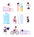 Girl daily routine. Cute child morning, isolated kid every day activity schedule. Cartoon baby playing, doing exercises