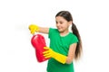 Girl in rubber gloves for cleaning hold big plastic bottle chemical soap liquid white background. Use professional