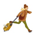 Girl run with yellow luggage in autumn coat. Girl running in a hurry. Vector cartoon girl illustration