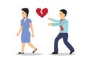 Girl running away from her boyfriend or husband. Concept of relationship breakup or betrayal