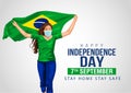 Girl running with Brazilians flag. Vector Illustration happy Independence day of Brazil. covid-19 corona virus concept