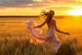 girl running through a field of tall grass at sunset, with her dress flowing in the breeze Royalty Free Stock Photo