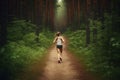 Girl running forest way. Generate Ai
