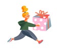 Girl running with gift, shopping hurry on black friday, holding present gift with bow