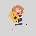 Girl running holding bitcoin symbol. 3D Royalty Free Stock Photo