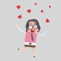 Girl running while its raining hearts. 3D