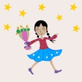 The girl running with joy  In the hand holding a bouquet of flowers  Surrounded by stars Royalty Free Stock Photo