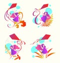 Girl running with a kite, set of cartoon vector illustrations Royalty Free Stock Photo