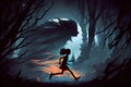 girl, running from monster through misty forest, with glimpse of moon in the sky