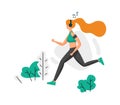 Girl running in park and listen to music or podcast. Woman jogging outdoor. Healthy lifestyle. Runner in headset