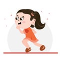 Girl Running in park wearing summer dress. Happy little girl jogging towards school and to stay fit