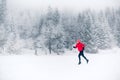 Woman trail running on snow in winter mountains Royalty Free Stock Photo