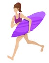 Girl running with surfboard.