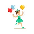 Girl Running With Three Multicolor Party Balloons, Kids Birthday Party Scene With Cartoon Smiling Character