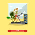 Girl running on a treadmill in fitness center. Gym and healthy lifestyle concept vector poster in flat style Royalty Free Stock Photo