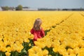 Girl running in a yellow tulip field Royalty Free Stock Photo