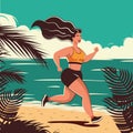 Girl runs along the beach. The concept of an active healthy lifestyle. An obese woman jogs to lose weight. The concept