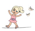 Girl runs away from mosquitoes Royalty Free Stock Photo