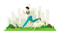 Girl runs with a dog in the park. Sports running with a pet. Vector illustration in cartoon flat style. Smartphone, health, app. Royalty Free Stock Photo