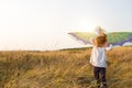 A girl runs into a field with a kite, learns to launch it. Outdoor entertainment in summer, nature and fresh air. Childhood, Royalty Free Stock Photo