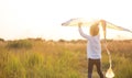 A girl runs into a field with a kite, learns to launch it. Outdoor entertainment in summer, nature and fresh air. Childhood, Royalty Free Stock Photo