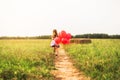 Girl runs with red balloons in the summer in nature