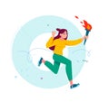 A girl runs with a torch, an atmosphere of inspiration and victory. Vector. There are dynamic elements around, symbolizing movemen Royalty Free Stock Photo