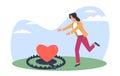 Girl runs into trap that uses heart as bait. Love and romance victim. Dangerous risky relationships. Happy young woman