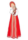 Girl in Russian national costume standing front side, vector drawing cartoon portrait. Woman full-length in a red russian folk dre Royalty Free Stock Photo