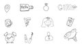 Girl`s accessories. Girl signs and symbols. Hand drawn doodle vector set for girls. Modern princess icons. Girlish set. Isolated Royalty Free Stock Photo