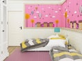 Girl`s bedroom in pink with beds and cute decoration on the wall. 3d rendering Royalty Free Stock Photo