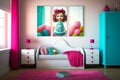 Girl's bedroom with pink walls and blue accents. Generative AI Royalty Free Stock Photo