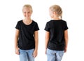 Girl`s black t-shirt mockup template, front and back