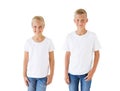 Girl`s and boy`s white t-shirt mockup template Royalty Free Stock Photo