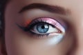 Girl\'s eye with make-up close-up. AI generated