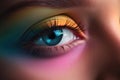 Girl\'s eye with make-up close-up. AI generated