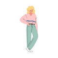 Girl in 80s fashionable street style outfit. Blonde girl in trendy style oversize clothing of 80s cartoon vector