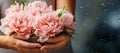Girl\'s hands holding bouquet of peonies, water drops on flowers, floral invitations, AI generated