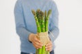 Girl`s hands are holding green asparagus. White background. Place for text. Horizontal orientation Royalty Free Stock Photo