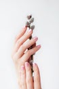 Girl`s hands with pink manicure hold a willow spring twig