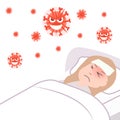 The girl`s immunity is infected. Flu season. Vector cartoon illustration - sore woman in bed.