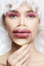 Girl`s Lips in a zoom. Beauty, Make-up, lip augmentation Royalty Free Stock Photo