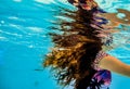 A girl`s long hair flowing underwater and reflections on the undersurface of the water Royalty Free Stock Photo